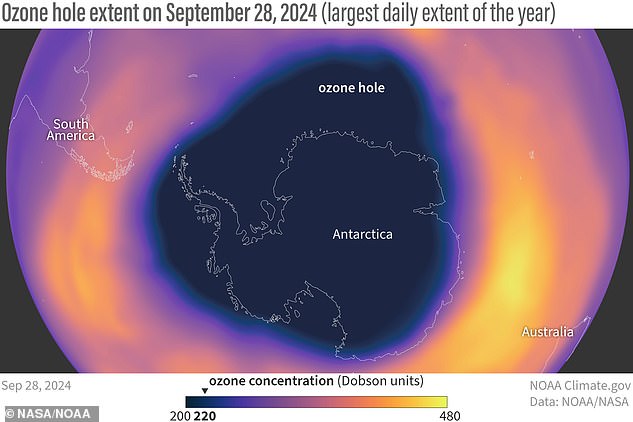 At its largest point this year the ozone hole was 8.5 million square kilometers (22.4 million miles) on September 28. This is 1.5 million square kilometers more than the peak size in 2023.