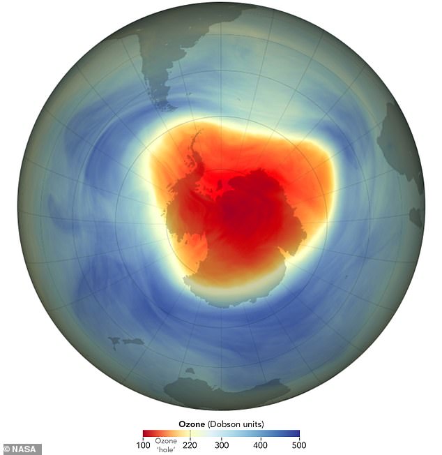 NASA revealed that the hole in the ozone layer (pictured) was at its seventh level since 1992 this year.